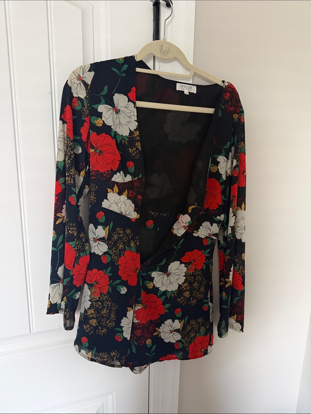 WYLDR Blue Floral Wrap Romper with Red & White Blooms